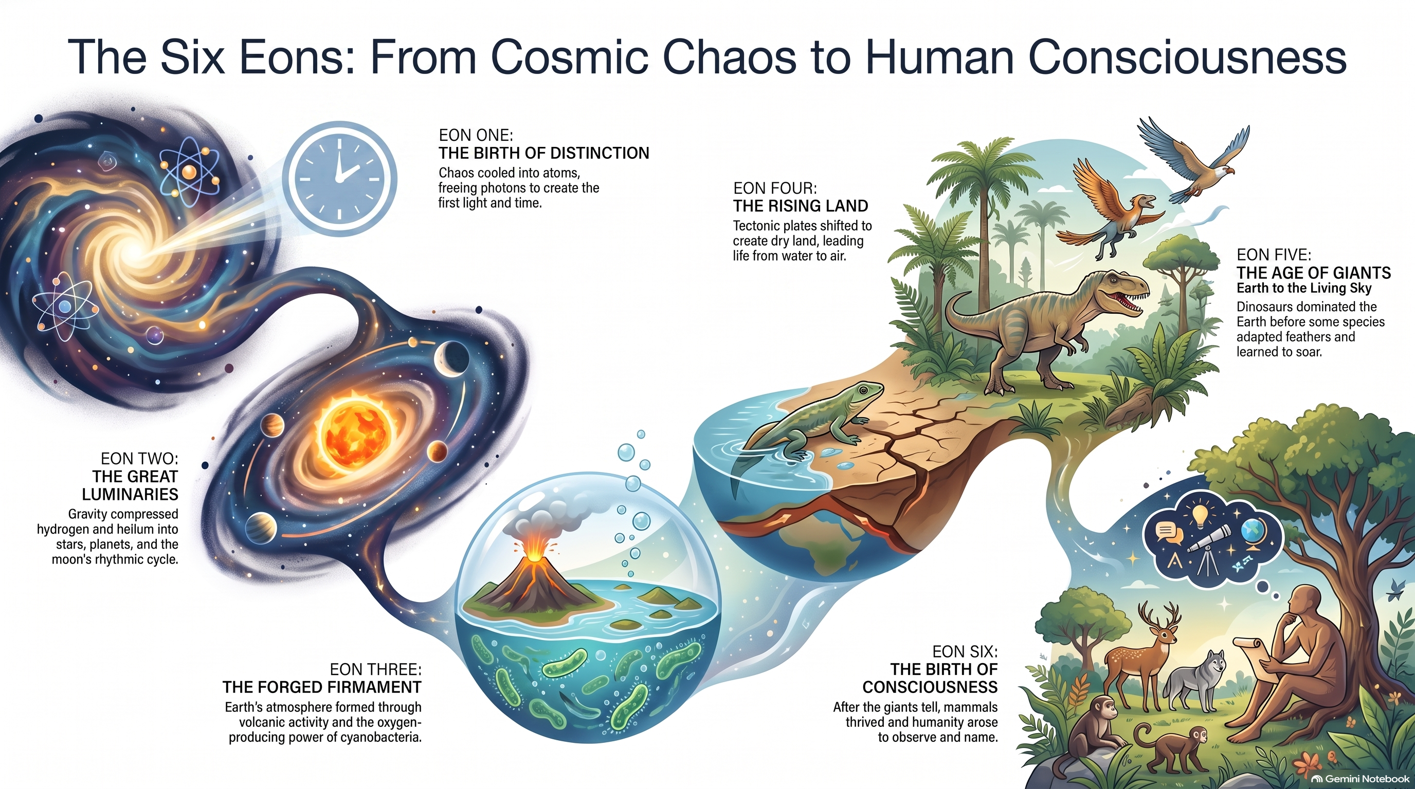 Illustrated timeline: The Six Eons, from cosmic chaos to human consciousness